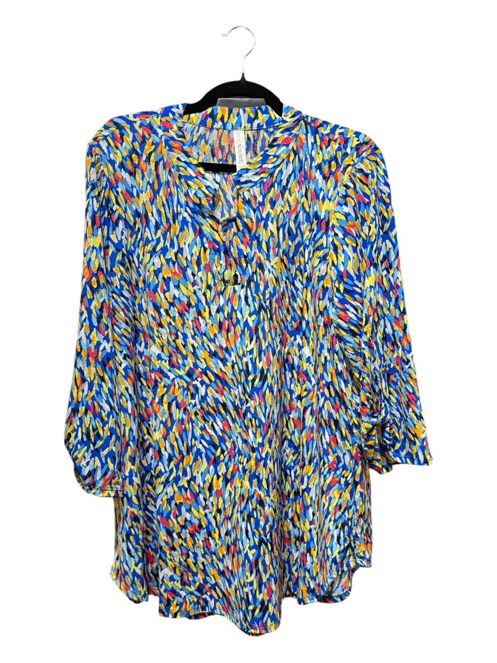 Dear Scarlett Blue Abstract Print Blouse XL Roll Tab Sleeve NWOT